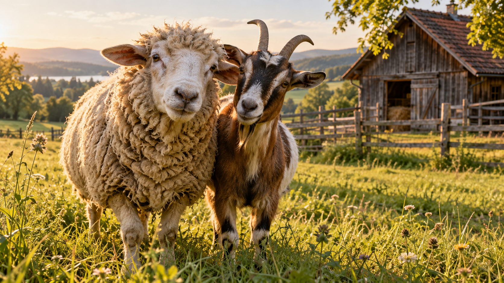Schaf und Ziege auf einer sonnigen Wiese vor einem gemütlichen Hof